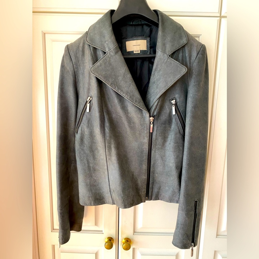 Vero Moda Leather Jacket grey blue Biker Zip Up with Belt Lined Women size S